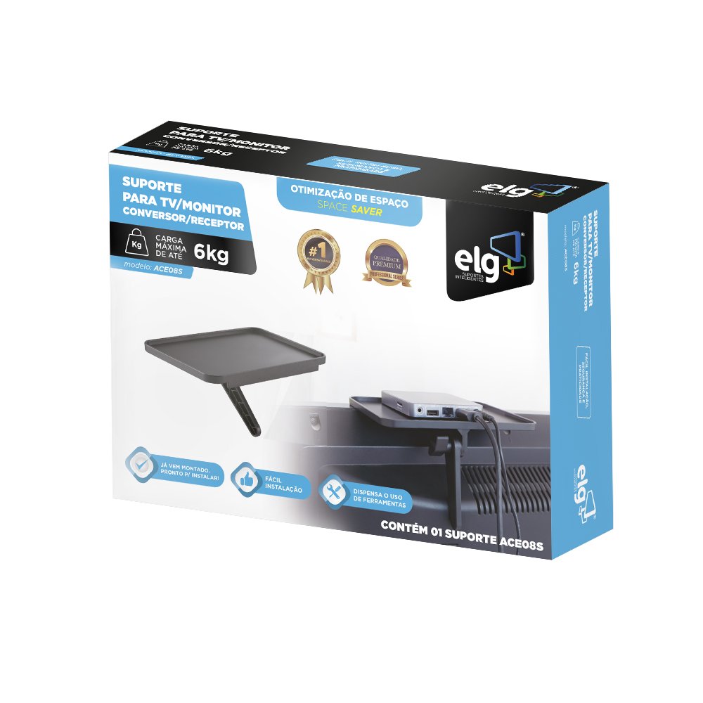ACE08S - SUPORTE TIPO PRATELEIRA P/ SET-TOP BOX, CONVERSOR, RECEPTOR - P/ TV/MONITOR - PRETO - ELG