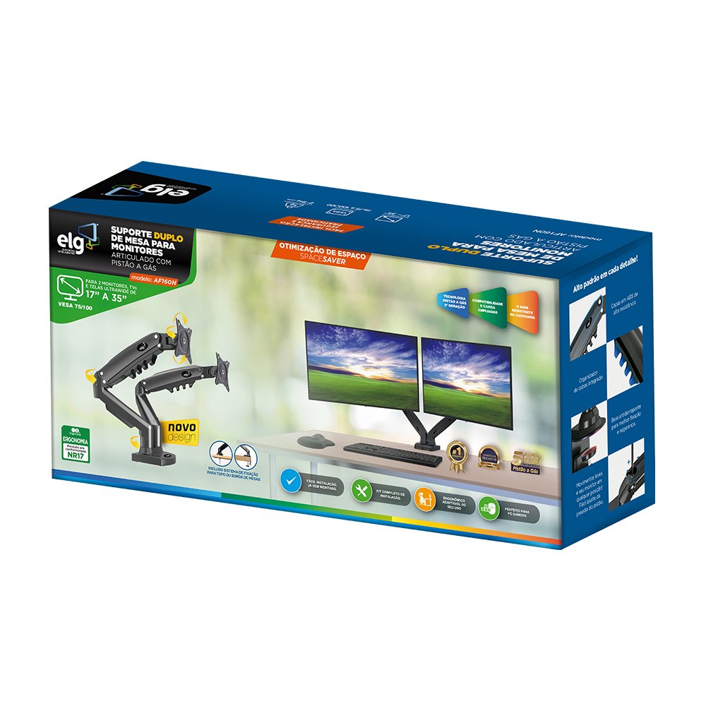 SUPORTE ERGONÔMICO ARTICULADO DE MESA COM PISTAO A GAS PARA 2 MONITORES DE 17" a 35" - F160N