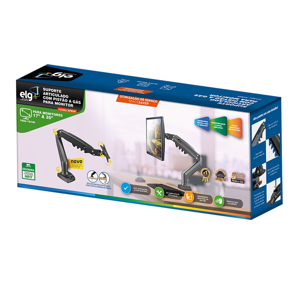SUPORTE ERGONÔMICO ARTICULADO DE MESA COM PISTAO A GAS PARA MONITOR DE 17" A 35'' - F80N