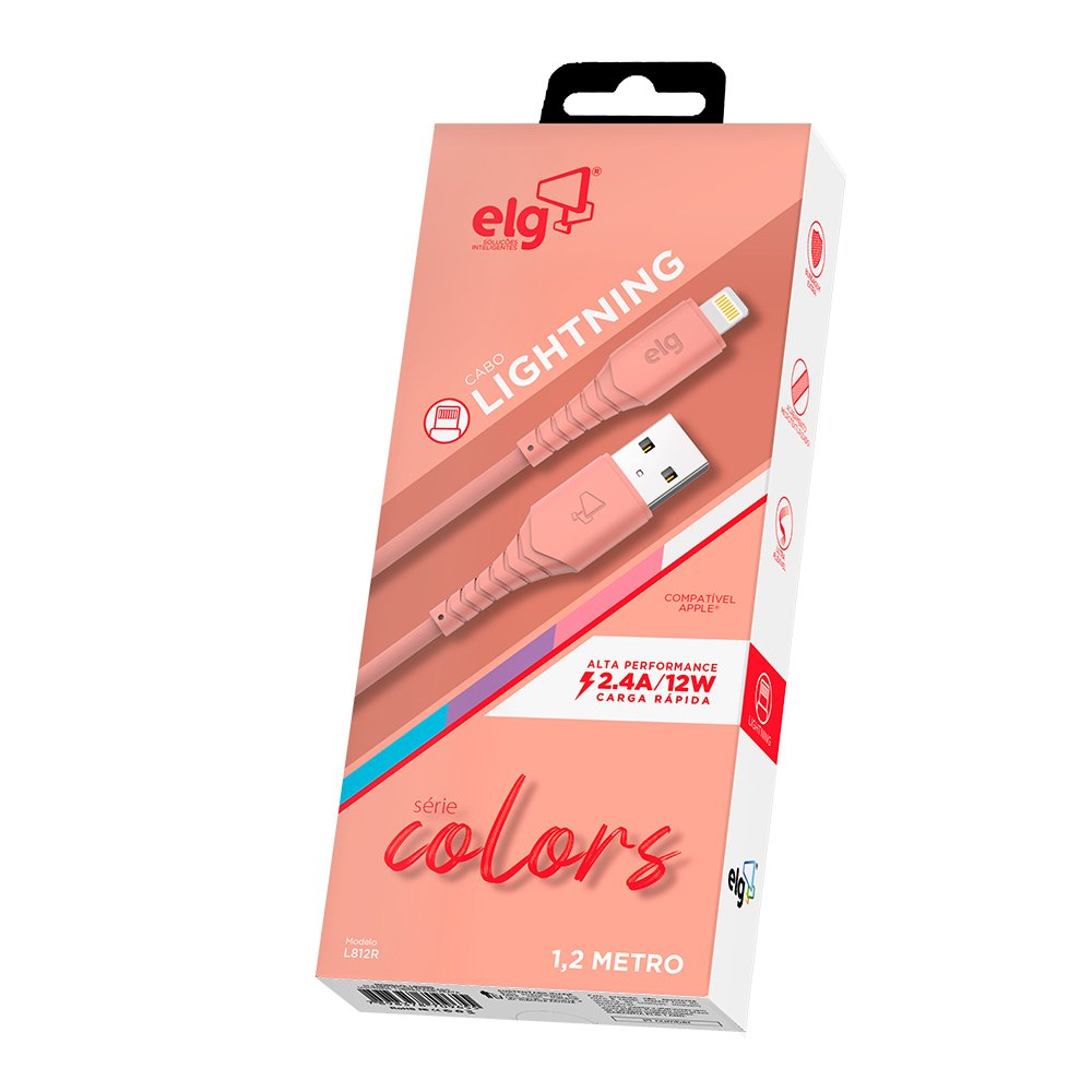 L812R - CABO 2.4A APPLE LIGHTNING 8 PINOS EMBORRACHADO - 1,2 METRO - SALMAO - ELG