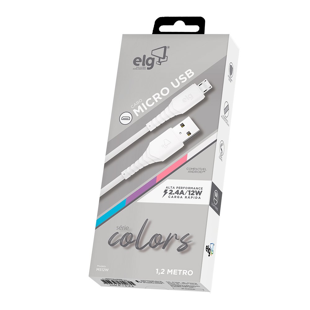 M512W - CABO 2.4A MICRO USB EMBORRACHADO - 1,2 METRO - BRANCO - ELG
