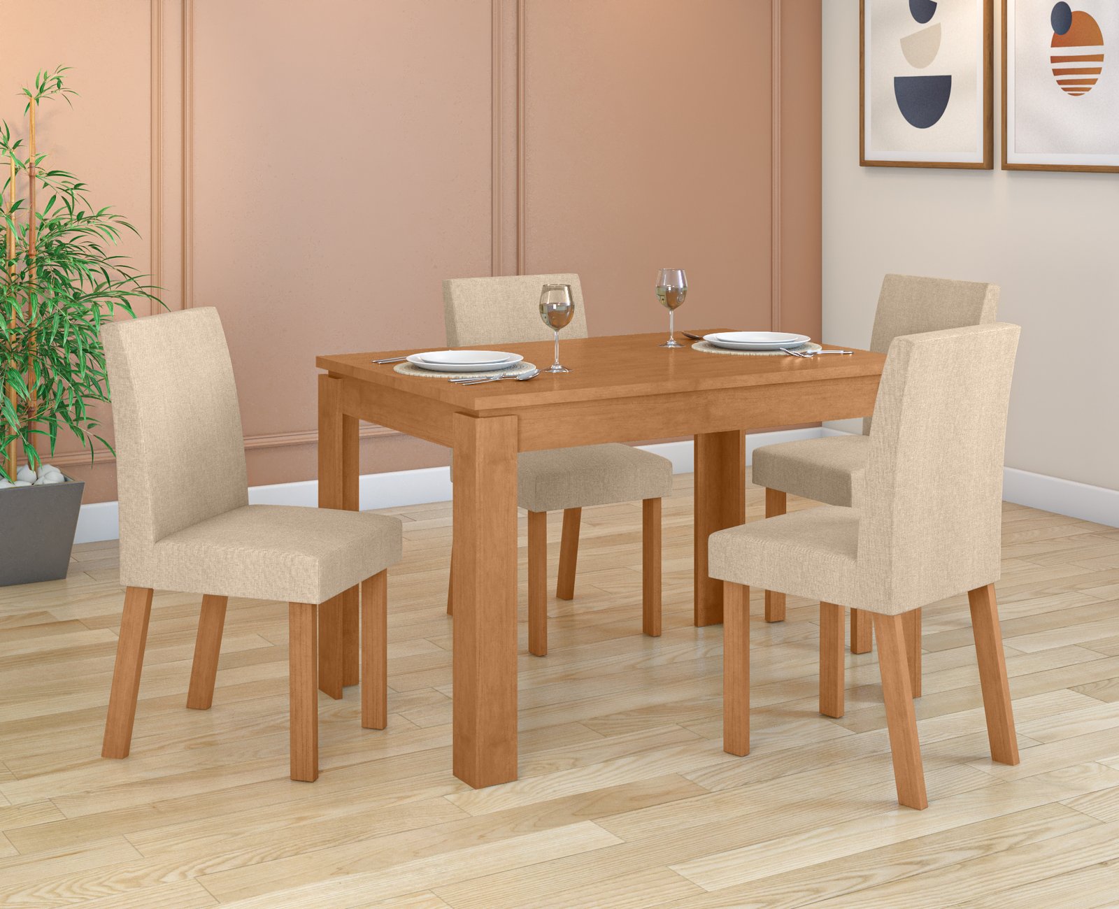 Mesa Athenas 120 cm c/ 4 Cadeiras - Amêndoa Clean